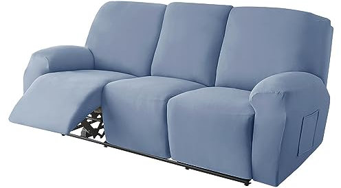 Soft Stretch Recliner Chair Cover Non-Slip Sofa Protector with Side Pocket Washable Furniture Cover for 3-Seat Recliner (Blue Gray)