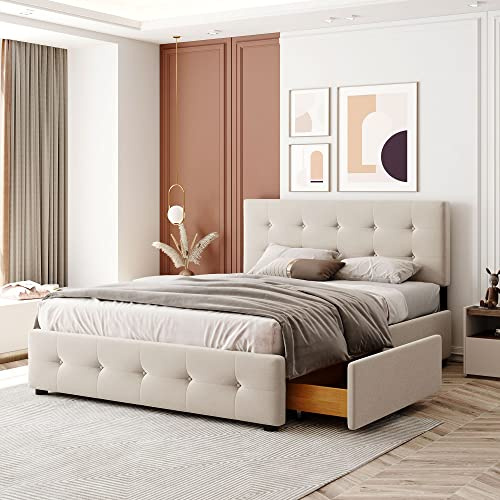 HESHU Polsterbett 140 x 200 cm, Doppelbett mit 2 Schubladen, Bettgestell mit Lattenrost, Höhenverstellbares Kopfteil, für Jugendliche und Erwachsene, Samt, Beige, ohne Matratze