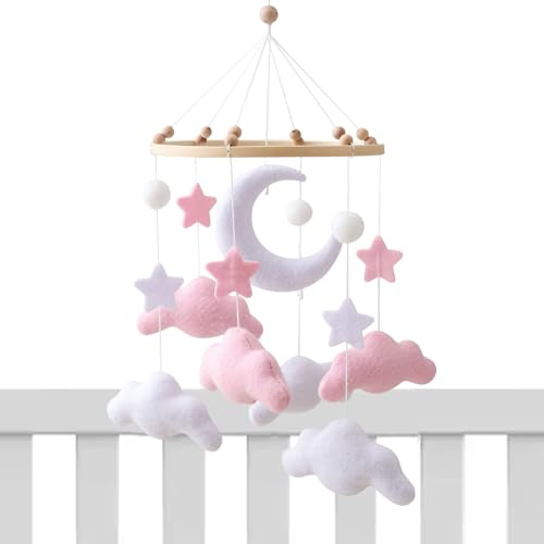 Bettmobile Beruhigende Wolken Filzspielzeug | Weiches Rosanes Babybett Mobile Geschenk für Mädchen Kinderzimmer Spielzimmer Kita Geburtstag Reisen