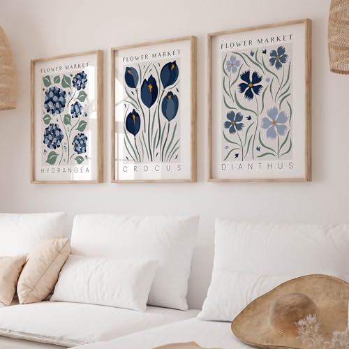 Lot de 3 affiches, peintures sur toile de fleurs bleues Boho, tableaux muraux d'art abstrait moderne, décoration d'images vintage pour la chambre à coucher du salon - sans cadre (40 x 50 cm)