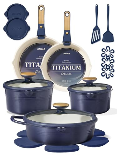 CAROTE 22Pcs Titanium Cookware Set, Pots and Pans Set Non Stick, Kitchen Cooking Set with Detachable Handle, Non Toxic Induction Cookware, Dishwasher/Oven Safe,Blue