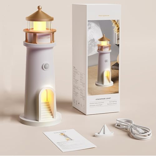 YOUYIKE Leuchtturm Lampe, Bewegungsmelder LED Leuchtturm Deko Maritim mit Mond Projektion, Mondlampe Lighthouse Nachtlicht für Innen Weihnachtsdeko Schlafzimmer