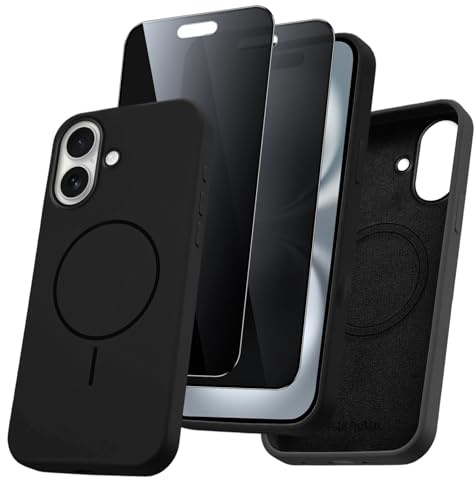 Pnakqil Coque pour iPhone 16 Compatible avec MagSafe, Magnétique Silicone Liquide avec 2 Pièces Verre Trempé Anti-Espion, Anti-Jaune Étui de Protection Antichoc Housse pour iPhone 16,Noir
