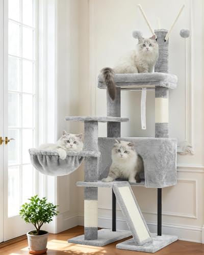 Gitelsnour Rascador para Gatos 125 cm, con Cueva,Plataforma Grande GCT006SW | Árbol rascador para gatos estable para gatitos, cesta suspendida, rascadora, pelotas de peluche, postes de sisal, gris claro