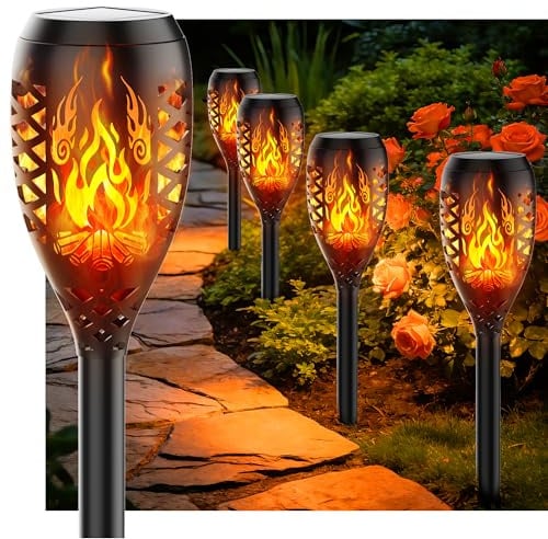 Giliwosy Solarleuchten für Außen Gartendeko, 4 Stück Lagerfeuer‌-Design | Solar Fackel Gartenfackeln, IP44 Wasserdicht Solarlampe Garten Deko für Außen Weg, Hinterhöfe, Rasen Beleuchtung