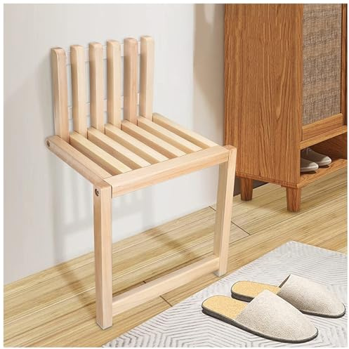 LFIEVO Wand Klappstuhls mit wahlweise Sitzhöhe 35cm/42cm Der unsichtbare klappbare Massivholzhocker spart Platz und hat eine maximale Tragkraft von 300 kg Weiß/Holzfarbe (Log Color/Height 42cm)