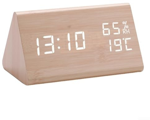 Pumixiy Digitaler Wecker aus Holz, mit LED-Anzeige, Temperatur- und Luftfeuchtigkeitsmonitor, 12/24-Stunden-Format, USB oder für batteriebetriebene Tischuhr, für Schlafzimmer, Büro (beige)