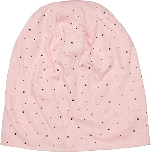 styleBREAKER Damen Beanie Mütze mit edler Strass-Nieten Applikation, Longbeanie Slouch 04024037, Farbe:Apricot meliert/Used Look