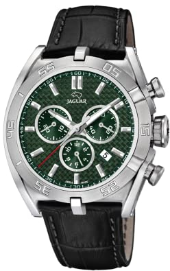 JAGUAR Executive Herren-Armbanduhr J857/7, 45,8 mm, grünes Gehäuse, schwarzes Lederarmband