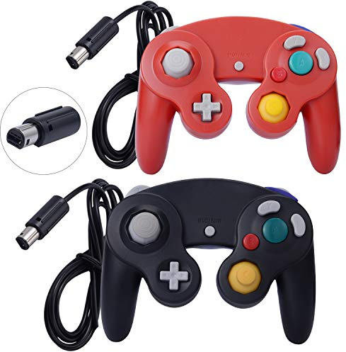 ONE250 Lot de 2 manettes filaires Classic Shock Joypad, compatibles avec Wii NGC Gamecube Game Cube (noir et rouge)