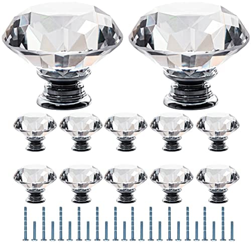 FURNIWARE Clear Crystal Door Knobs, 12 Pcs 40mm Crystal Glass Door Drawer Knobs Diamond Cut Drawer Handles with 3 Sizes Screws for Cupboard Cabinet Wardrobe Home Decorating