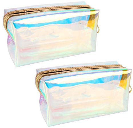 Jubaopen 2 Stück Transparent Kosmetiktasche Schminktasche Laser Kosmetiktasche mit Reißverschluss wasserdichte Make Up Tasche Tragbar Reisen Waschbeutel Laser Glitzer Bleistift Tasche (18×7.5×10cm)