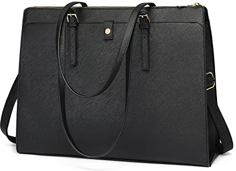 BOLOSTA Elegante Leder Laptoptasche für Damen 15,6 Zoll Groß Business Umhängetasche Wasserdicht Shopper Handtasche für Büro Reise Arbeit Schwarz