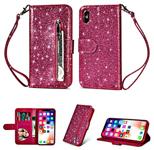 Yidai-Silu Coque iPhone SE 2020/7 / 8 【Paillette, Luxe】 Étui Portefeuille en Cuir PU Magnetique Flip Housse avec Support/Fente de Carte Couverture pour iPhone SE 2020/7 / 8 4,7 - Rose