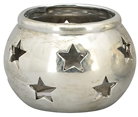 Exner dekorative Garten-Laterne Tisch-Laterne Garten-Windlicht aus Keramik Silber glänzend Vintage mit Sternmotiv (groß ca. 16 x 16 x 11,5 cm hoch)