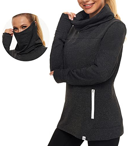 Soneven Fleece Pullover Damen Warm Sweatshirt Damen Ohne Kapuze Fleecepulli Damen Winter Rollkragenpullover Damen Funktionsshirt Langarm Sweatshirt Pulli Hochkragen Sweatjacke mit Tasche Schwarz M