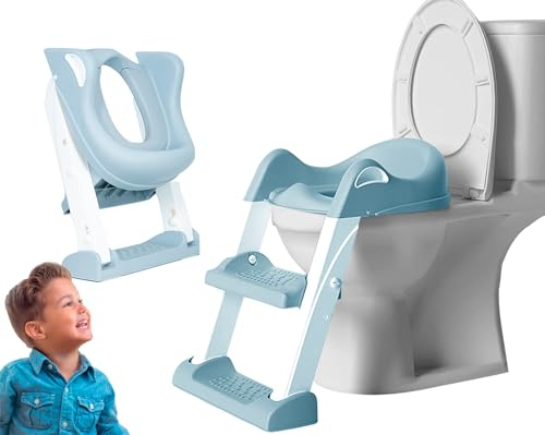 Edibaby, Adaptador wc niños con escalera, Reductor de Aprendizaje para Baño Inodoro, Portátil y Plegable, Ajustable, Total Compatibilidad, Cojín Acolchado, de 1 a 7 años (Gris y Blanco)