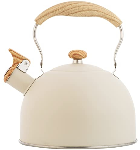 2.6 Quart/2.5 L Whistling Tea Kettles with Wood Grain adjustment Nylon Handle, Capsule Base Tea Kettle, White (White)