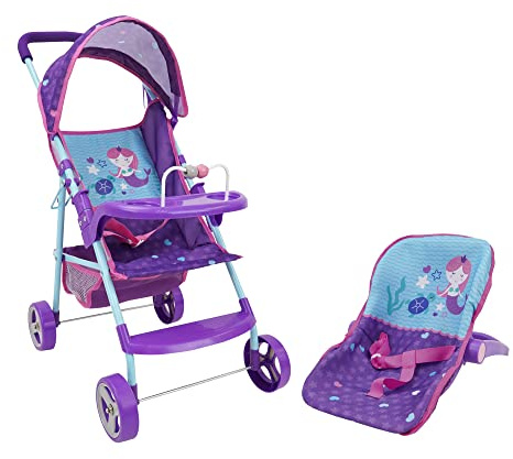 509 Crew 509: Mermaid Doll Travel System Stroller - Kids Pretend Play Stroller Set, Includes Shopping Basket, Retractable Canopy, Child Tray & Removable Car Seat, Ages 3+ (T716028)