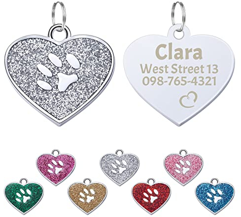 Uiopa 2 Stücke Herz Zinklegierung Personalisiert Haustier ID Tag, Hundemarke mit Gravur, Anhänger mit Gravur für Hundehalsband und Katzenhalsband (Silber)