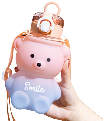 Borraccia con Orso Kawaii, Borraccia Portatile per Orso di Grande capacità con Cinturino e Cannuccia, Borraccia a Forma di Orso Carina con Cinturino Rimovibile Regolabile per Ragazze Sport Campeggio