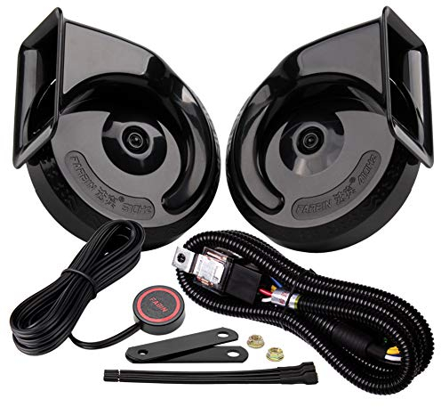 FARBIN Auto Horn für LKW Motorrad High/Low Tone Super Loud Horn 12v wasserdichte elektrische Horn (Schwarzes Horn mit Kabelbaum und Knopf)