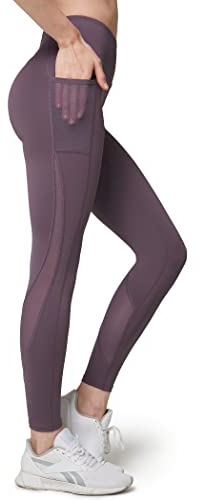 Yvette Damen Sport Leggings mit Mesh Tasche, high Waist Sporthose Streetwear Sportleggings, Lila, L