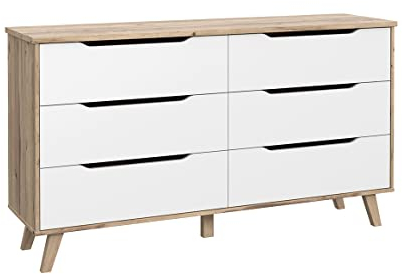 Angele Kommode mit 6 Schubladen, Eichenoptik, naturfarben und weiß, matt, Beine aus Massivholz, schräg