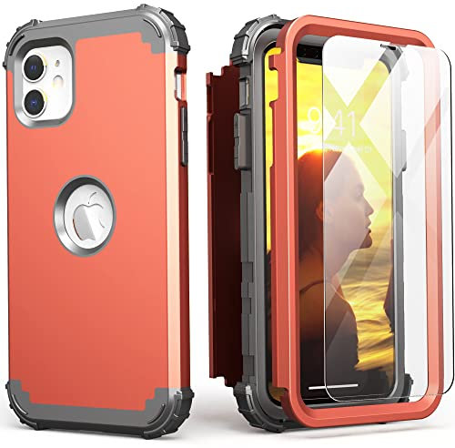 IDweel iPhone 11 Case with Screen Protector(Tempered Glass), Hybrid 3 in 1 Shockproof Slim Fit Heavy Duty Protection Hard PC Cover Soft Silicone Bumper Full Body Case,Orange/Dark Grey