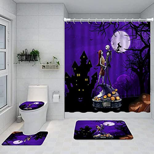 DDQTOUCH Ensemble de 4 pièces pour Salle de Bain avec Rideau de Douche et Tapis – Rideau de Douche Halloween Jack Skellington avec 12 Crochets (Jack-2)