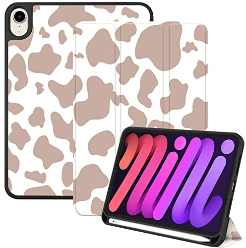 Deokke Compatible with iPad Mini 7 Case(A17 Pro) 2024 iPad Mini 6 Case 8.3 inch 2021,Pencil Holder Soft Back Auto Sleep/Wake Cover Women Men Girls Cute-Brown Cow