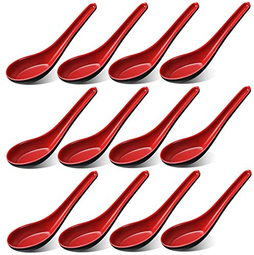 Eowppue Cucchiaio da minestra cinese, 12 cucchiai da minestra in porcellana ramen, cucchiai per la casa, ristoranti, uffici, buffet, mense, alberghi, ecc. (rosso e nero)