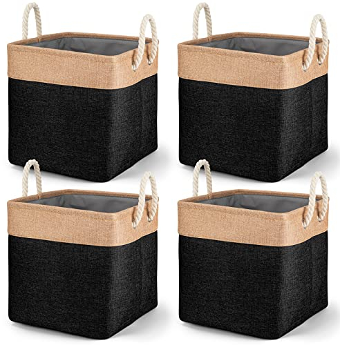 SOALSUIS 4 Pcs Large Storage Baskets, Foldable Fabric Storage Boxes Organiser with Handles for Clothes, Toys, Cube Storage Baskets for Cupboards, Shelves, Closet (13inch Black)