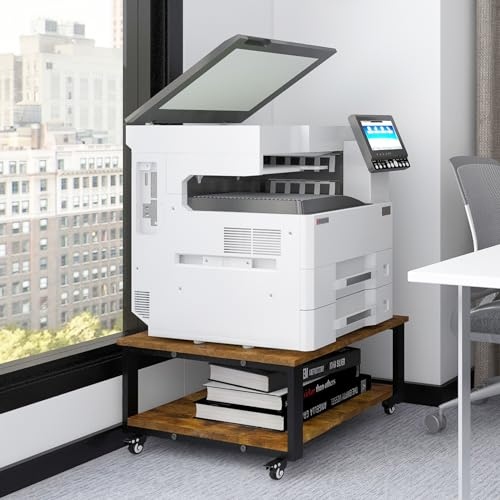 PUNCIA 2 Tier Laser Printer Stand, 60x60x32.5cm Large Table With Paper Storage Shelf, Heavy Duty Rolling Cart With Wheels for Home Office (Retro)