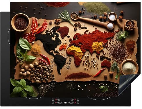 KitchenYeah© Herdabdeckplatte Induktion Schutzmatte Küche Herdabdeckung Ceranfeld Induktionsmatte Cerankochfeld Abdeckung Kräuter - Gewürze - Weltkarte - Braun - Löffel - Küche - 71x52 cm