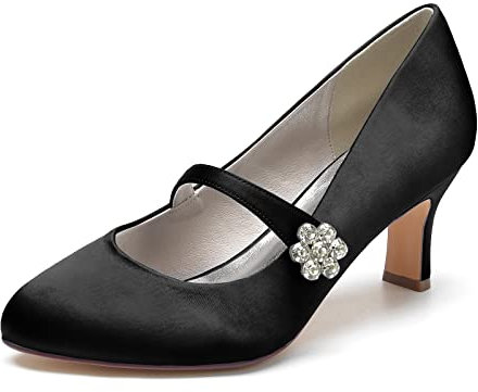 Women's Mary Jane Shoes Mid Kitten Heel Wedding Bridal Pumps Round Toe Dress Office Work Party Shoes with Rhinestones Buckle,Black,3 UK