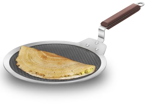 HAWKINS 28 cm Dosa Tava, Triply Stainless Steel Shielded Nonstick Tawa with Rosewood Handle, Honeycomb Non Stick Induction Tawa, Silver (NSDT28)