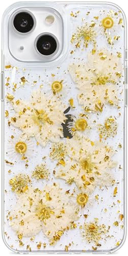 Efitoo for iPhone 13/14/15 Case Flower Pattern Cute Clear with Gold White Dried Pressed Floral Design Sparkly Flexible Silicone TPU Aesthetic Protective Women Girl's Phone Cover