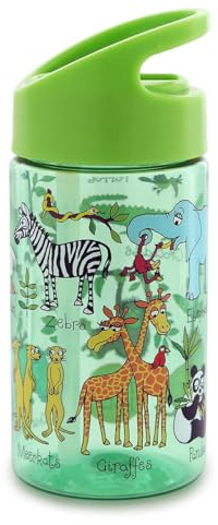 Tyrrell Katz Kids Jungle Printed Flip Top Drinking Bottle in Green with Straw - Dishwasher Safe Lightweight Children's School Water Flask - 400 ml