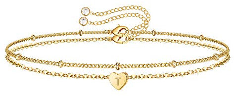 TINGN Herz Armband Damen, 14K Vergoldet Mehrlagige Buchstaben T Armbänder, Personalisiert Set für Frauen Mädchen Mama, Valentinstag Geschenke, Gold Schmuck