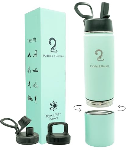 Puddles 2 Oceans Insulated Water Bottle & Snack Container - 26oz Stainless Steel, 3 Lids, Leak & Spill Proof, Keeps Drinks Hot/Cold, Perfect for Hiking, School, Gym, Travel