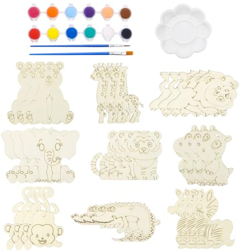 27 Stücke Tier Holz Basteln Kindergeburtstag, Verschiedene Holz Bastelset, DIY Holztiere zum Bemalen, Farbenfrohe Pinsel und Pigmente, Geeignet für Kinderpartys, Kindergeburtstagsgeschenke für Kinder