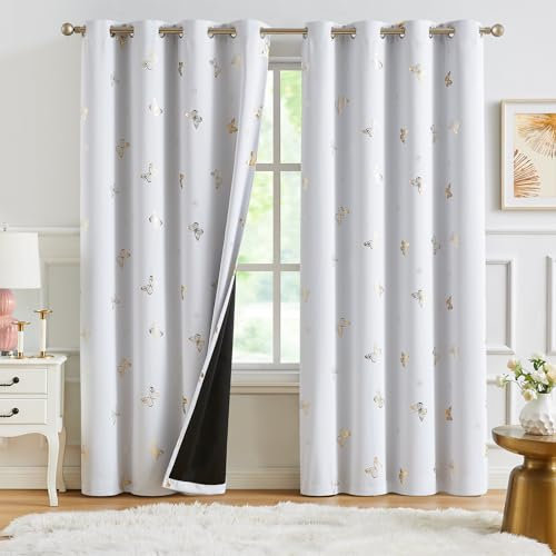 Treatmentex Verdunklungsvorhänge mit Gold Schmetterling Druck Blickdichte Gardinen mit Ösen für Kinderzimmer Mädchenzimmer Schlafzimmer Dekoschal 2er Set 225x140cm(H×B) Weiß