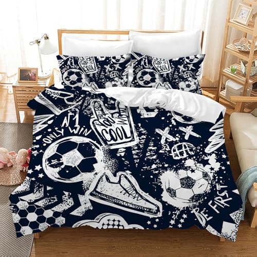 Leleyouzer Fußball Bettwäsche 135×200 cm für Kinder Fußball Muster Bettwäsche Set 3D Fußball Bettbezug für Kinder aus Mikrofaser + 2 Kissenbezüge 50 x 75 cm(ZQ3)