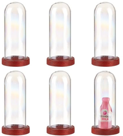 DELORIGIN 6 Stück Klare Glaskuppel Mit Holzsockel Mini Glasglocke Deko Glasglocke Fläschchen Anhänger AB Farbiges Glasglocke mit Holzboden Für Künstliche Blumen DIY Andenken Hochzeiten Party
