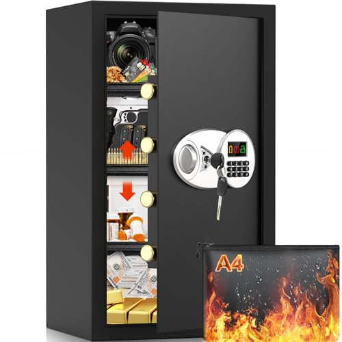 85L Extra Large Fireproof Home Safe Box With A4 Bag, Anti-theft Safe With LCD Digital Keypad, Spare Keys and 3 Removable Shelf for Money, Firearm, Valuables