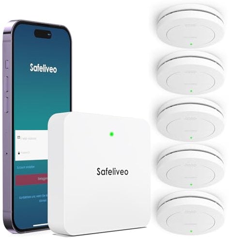 Safeliveo Rauchmelder 10 Jahre Batterie WLAN Smart Feuermelder Vernetzt 5er Set mit Basisstation, Brandmelder mit 85dB Hörbarer Alarm