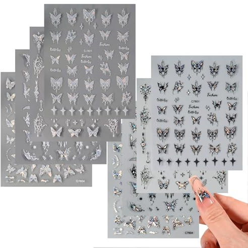 8 Blatt Metallic Schmetterling Nagelsticker, Nail Sticker, Damen Nagelaufkleber, Nagelsticker Selbstklebend, Nail Art Stickers, Nageldesign Sticker Zubehör für DIY Dekorationen, Nail Art, Phone Case