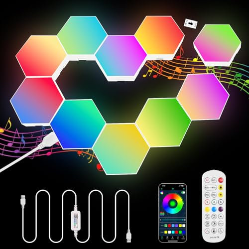URAQT 10 Pezzi Esagonali Muro LED Luci, Esagonali Muro Luci, Smart RGB Gaming Wall, Luce Sincronizza Musica, 16 Milioni di Colori Hexagon Lampada con App e Telecomando per Soggiorno, Sala Giochi