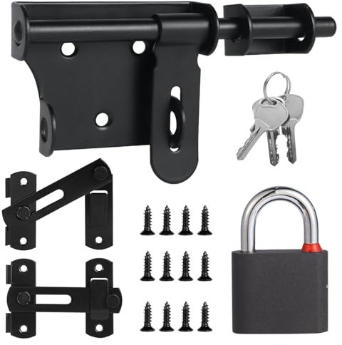 Pestillo Puerta con candado y 3 llaves+2PCS Puerta corredera abatible 180 grados Cerrojo Puerta Interior Cierre Puerta Acero Inoxidable Pestillo Perno Negro Cerraduras para Puertas